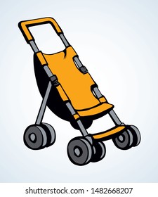 Cute mommy calash waggon shape on light backdrop. Freehand outline black ink hand drawn scion trolley logo emblem sketchy in art retro doodle contour style pen on paper space for text. Closeup view