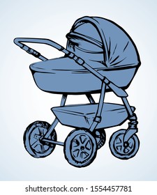 Cute mommy calash waggon shape on light backdrop. Freehand outline black ink hand drawn scion trolley logo emblem sketchy in art retro doodle contour style pen on paper space for text. Closeup view