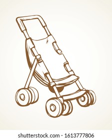Cute mommy calash waggon shape on light backdrop. Freehand outline black ink hand drawn scion trolley logo emblem sketchy in art retro doodle contour style pen on paper space for text. Closeup view