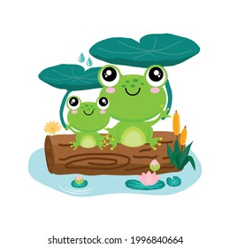 Cute mommy frog and baby sit under lotus leaf 