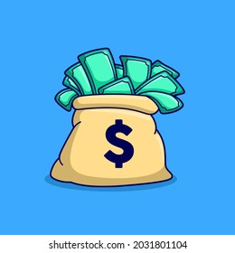 cute money bag with full of money coming out cartoon vector illustration. money in bag flat design style