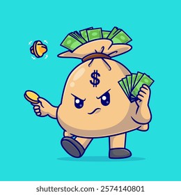 Cute Money Bag Holding Money Cash And Coin Cartoon 
Vector Icon Illustration. Finance Object Icon Concept Isolated 
Premium Vector. Flat Cartoon Style 