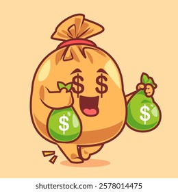 Cute money bag holding green bags, smiling happily, vector illustration.