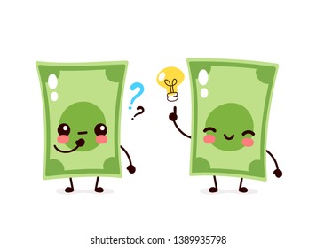 Cute money banknote with question mark and lightbulb character. Vector flat cartoon character illustration icon design. Isolated on white background. Dollar bill have idea,money,banknote concept