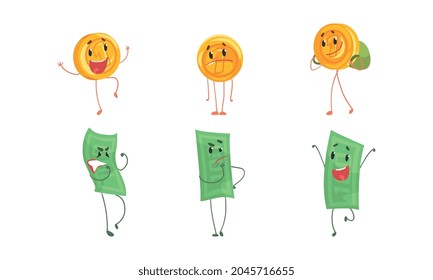 Cute Money Banknotes and Coins Set, Money Characters Showing Different Emotions Cartoon Vector Illustration