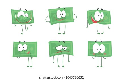 Cute Money Bills Characters Set, Funny Banknotes Showing Different Emotions Cartoon Vector Illustration