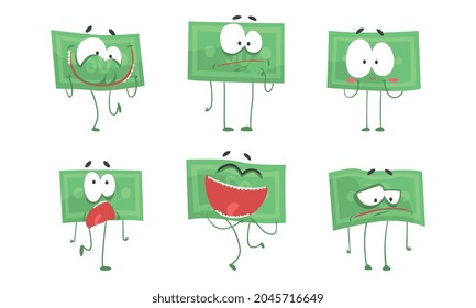 Cute Money Bills Emojis Set, Banknotes Characters with Funny Faces Cartoon Vector Illustration