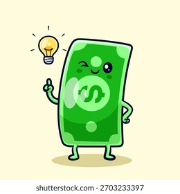Cute Money Get Idea with Bulb Cartoon Vector Icon Illustration. Finance Technology Icon Concept Isolated Premium Vector. Flat Cartoon Style