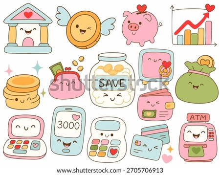 Cute money illustrations featuring coins, piggy banks, and savings jars evoke cheerful financial