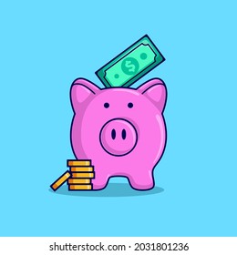 cute money piggy bank with banknotes and coins inside cartoon vector illustration. keeping money in the piggy bank flat design style