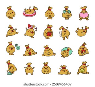 Cute money pouch character. Funny and adorable bag of coins and cash. Hand drawn style. Vector drawing. Collection of design elements.