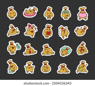 Cute money pouch character. Sticker Bookmark. Funny and adorable bag of coins and cash. Hand drawn style. Vector drawing. Collection of design elements.