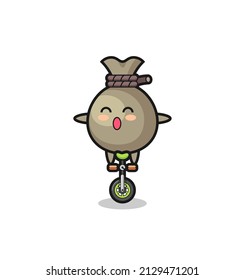The cute money sack character is riding a circus bike , cute style design for t shirt, sticker, logo element