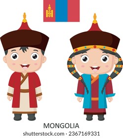 Cute mongolian boy and girl in national clothes