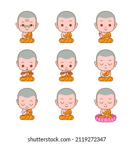 Cute monk cartoon colored line vector illustration in sitting,meditation,learning, etc.