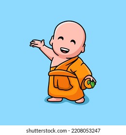 Cute Monk holding orange cartoon mascot logo