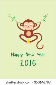 cute monkey 2016 happy new year greeting card