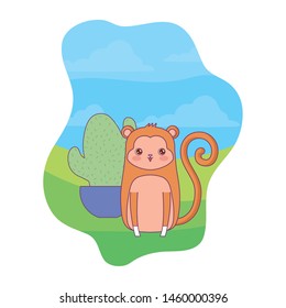cute monkey animal with cactus in pot
