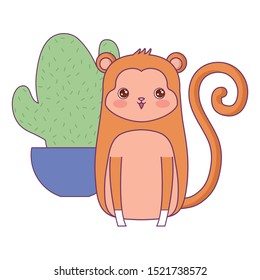 cute monkey animal with cactus in pot vector illustration design