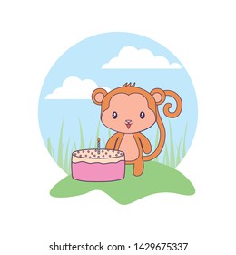 cute monkey animal with cake of birthday in landscape