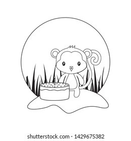 cute monkey animal with cake of birthday in landscape