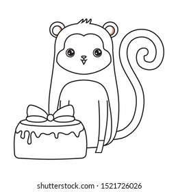 cute monkey animal with cake of birthday vector illustration design