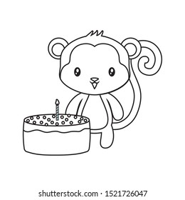cute monkey animal with cake of birthday vector illustration design
