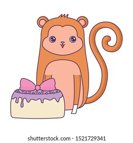 cute monkey animal with cake of birthday vector illustration design