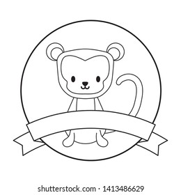 cute monkey animal in frame circular with ribbon