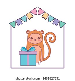 cute monkey animal with gift box and garlands