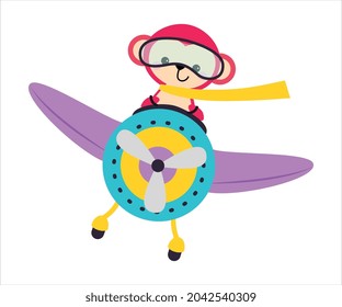 Cute Monkey Animal With Goggles Flying On Airplane With Propeller Vector Illustration