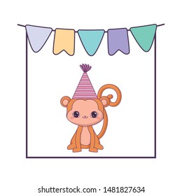 cute monkey animal with hat party and garlands