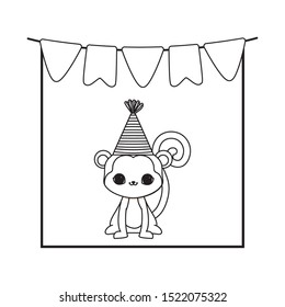cute monkey animal with hat party and garlands vector illustration design