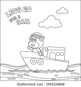 Cute monkey the animal sailor on the boat with cartoon style. Creative vector Childish design for kids activity colouring book or page.