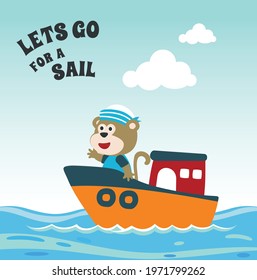 Cute monkey the animal sailor on the boat with cartoon style. Can be used for t-shirt print, kids wear fashion design, baby shower invitation card. fabric, textile, nursery wallpaper, poster.