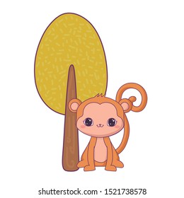 cute monkey animal with tree plant vector illustration design