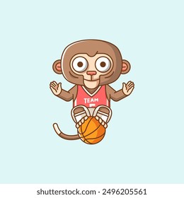 Cute monkey ape basketball player play basket kawaii chibi character mascot illustration outline style design set