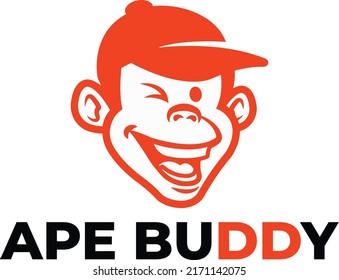 Cute Monkey Ape Wearing Cap Monoline Outline Logo Vector Icon Illustration