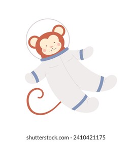 Cute monkey in astronaut costume. Jungle adorable ape exploring universe cartoon vector illustration