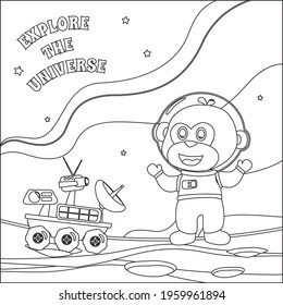 Cute monkey astronaut with flag on the red planet. Vector hand-drawn coloring children's illustration. Creative vector Childish design for kids activity colouring book or page.