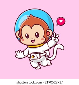 Cute Monkey Astronaut Floating In Space And Peace Sign Cartoon Vector Icon Illustration. Science Animal Icon Concept Isolated Premium Vector. Flat Cartoon Style