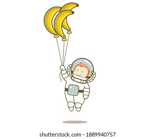 Cute monkey astronaut flying with banana balloons 