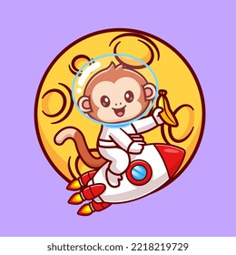 Cute Monkey Astronaut Holding Banana On Rocket In Space  Cartoon Vector Icon Illustration. Animal Science Icon Concept Isolated Premium Vector. Flat Cartoon Style
