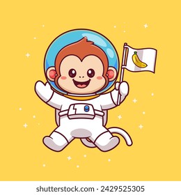 Cute Monkey Astronaut Holding Banana Flag In Space Cartoon Vector Icon Illustration. Animal Science Icon Concept Isolated Premium Vector. Flat Cartoon Style