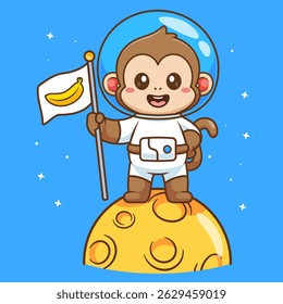 Cute Monkey Astronaut Holding Banana Flag On Moon Cartoon Vector Icon Illustration. Animal Science Icon Concept Isolated Premium Vector. Flat Cartoon Style