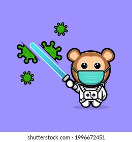 Cute monkey astronaut  killing the virus with laser sword  cartoon mascot