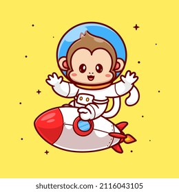 Cute Monkey Astronaut Riding Rocket Cartoon Vector Icon Illustration. Science Animal Icon Concept Isolated Premium Vector. Flat Cartoon Style