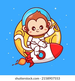 Cute Monkey Astronaut Riding Rocket In Moon Space With Banana Cartoon Vector Icon Illustration. Science Animal Icon Concept Isolated Premium Vector. Flat Cartoon Style