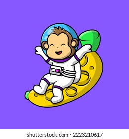 Cute Monkey Astronaut Sitting On Banana Moon Planet Cartoon Vector Icons Illustration. Flat Cartoon Concept. Suitable for any creative project.