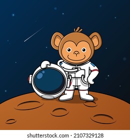 Cute monkey astronaut standing on the moon illustration